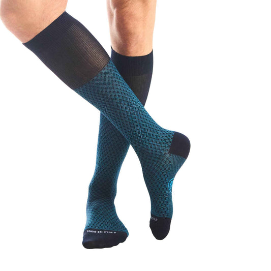 Calza lunga cotone Filo di Scozia con polsino inglese fondo blu Principe di Galles - CELESTE SORGENTE