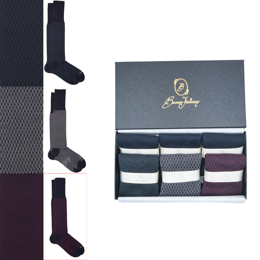 Box 6 paia miste calza lunga Filo di Scozia Principe di Galles con polsino inglese - Verde scuro LARICE, Grigio CENERE, Rosso scuro BAROLO e Tinta Unita