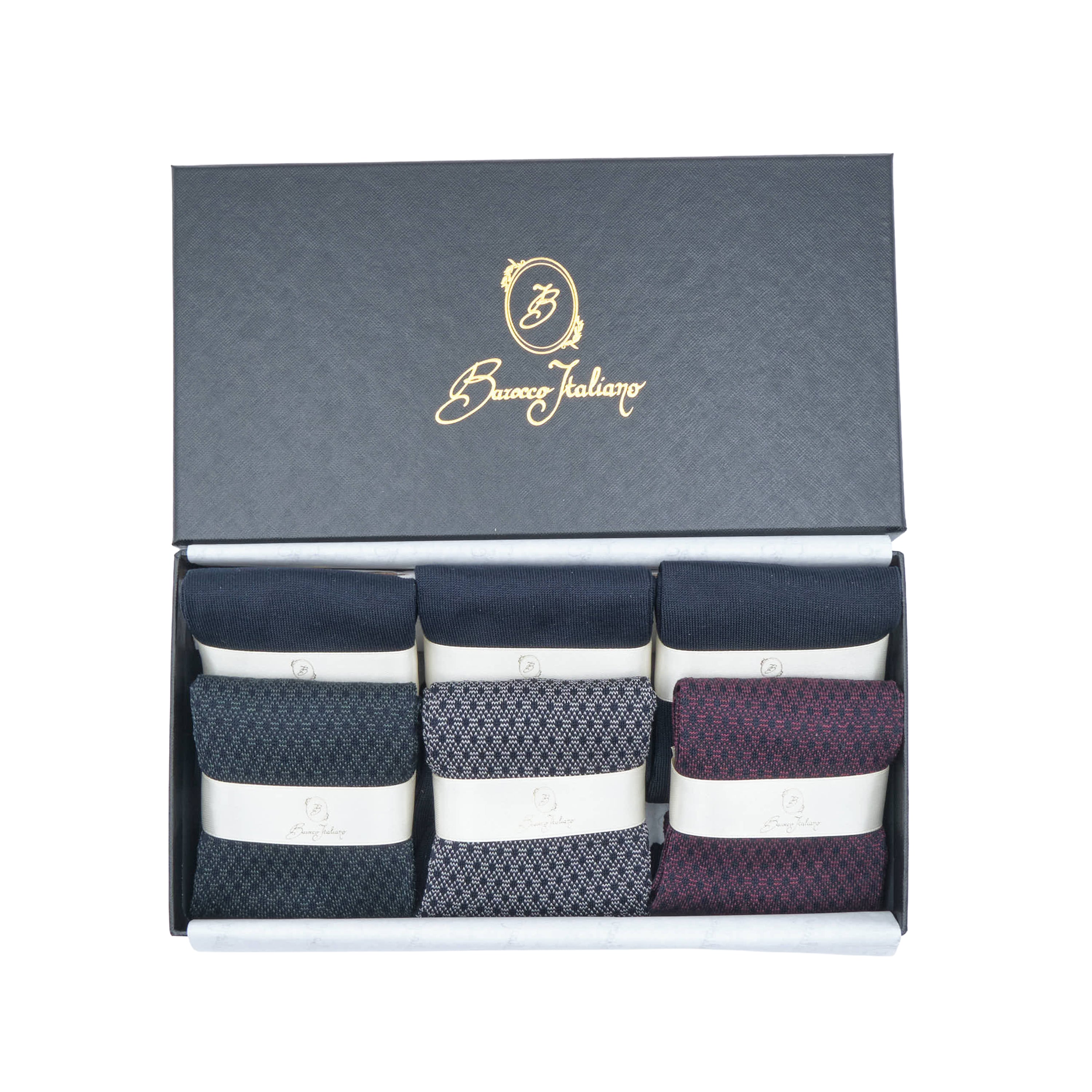 Box 6 paia miste calza lunga Filo di Scozia Principe di Galles con polsino inglese fondo blu - Verde scuro LARICE, Grigio CENERE, Rosso scuro BAROLO e Tinta Unita Immagine principale del prodotto