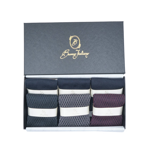 Box 6 paia miste calza lunga Filo di Scozia Principe di Galles con polsino inglese - Verde scuro LARICE, Grigio CENERE, Rosso scuro BAROLO e Tinta Unita