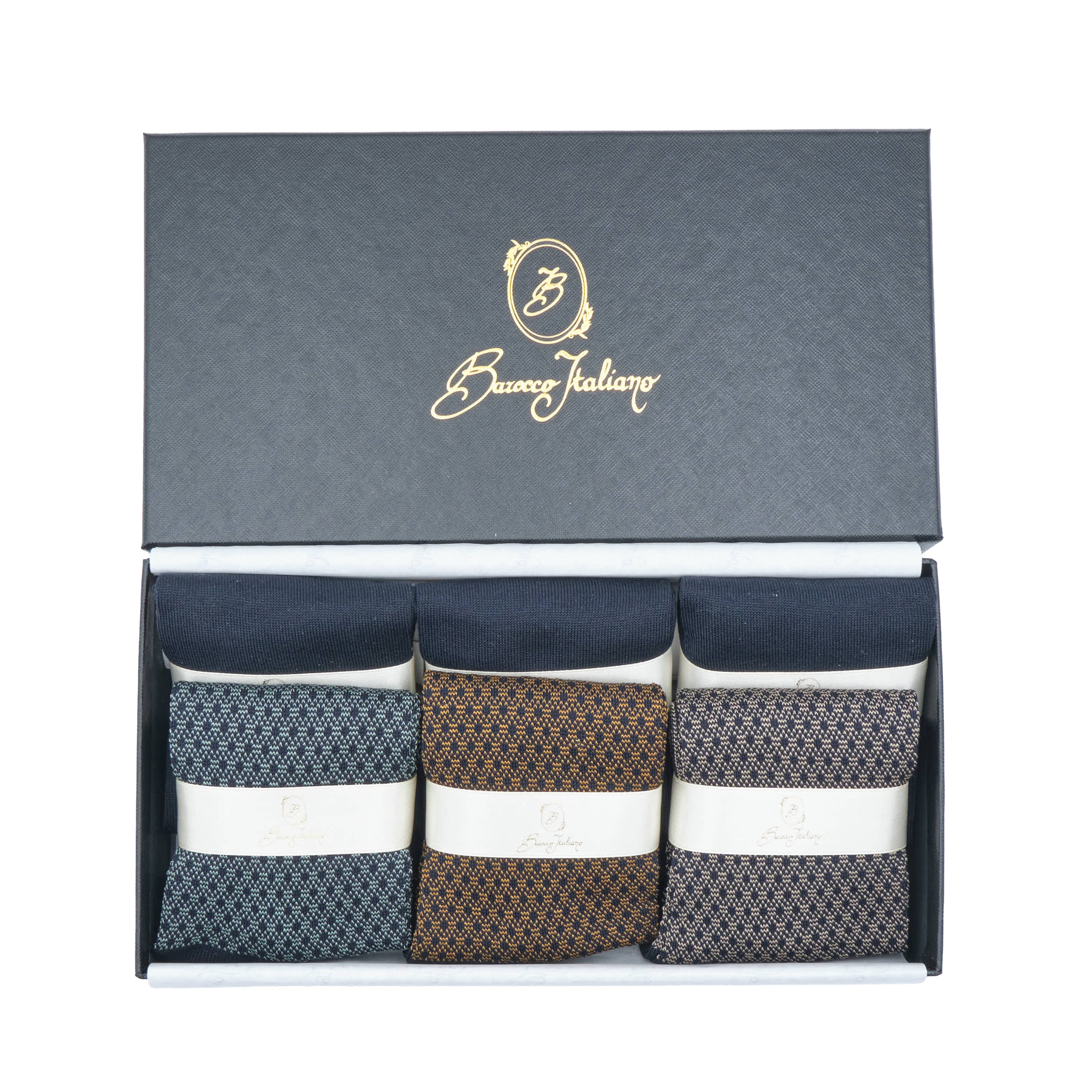 Box 6 paia miste calza lunga Filo di Scozia Principe di Galles con polsino inglese fondo blu - Verde chiaro MENTA, Marrone ROVERE, Beige DESERTO e Tinta Unita Immagine principale del prodotto