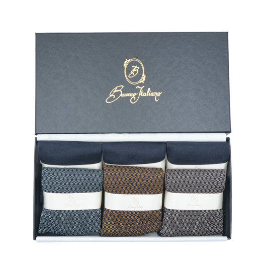 Box 6 paia miste calza lunga Filo di Scozia Principe di Galles con polsino inglese - Verde chiaro MENTA, Marrone ROVERE, Giallo DESERTO e Tinta Unita