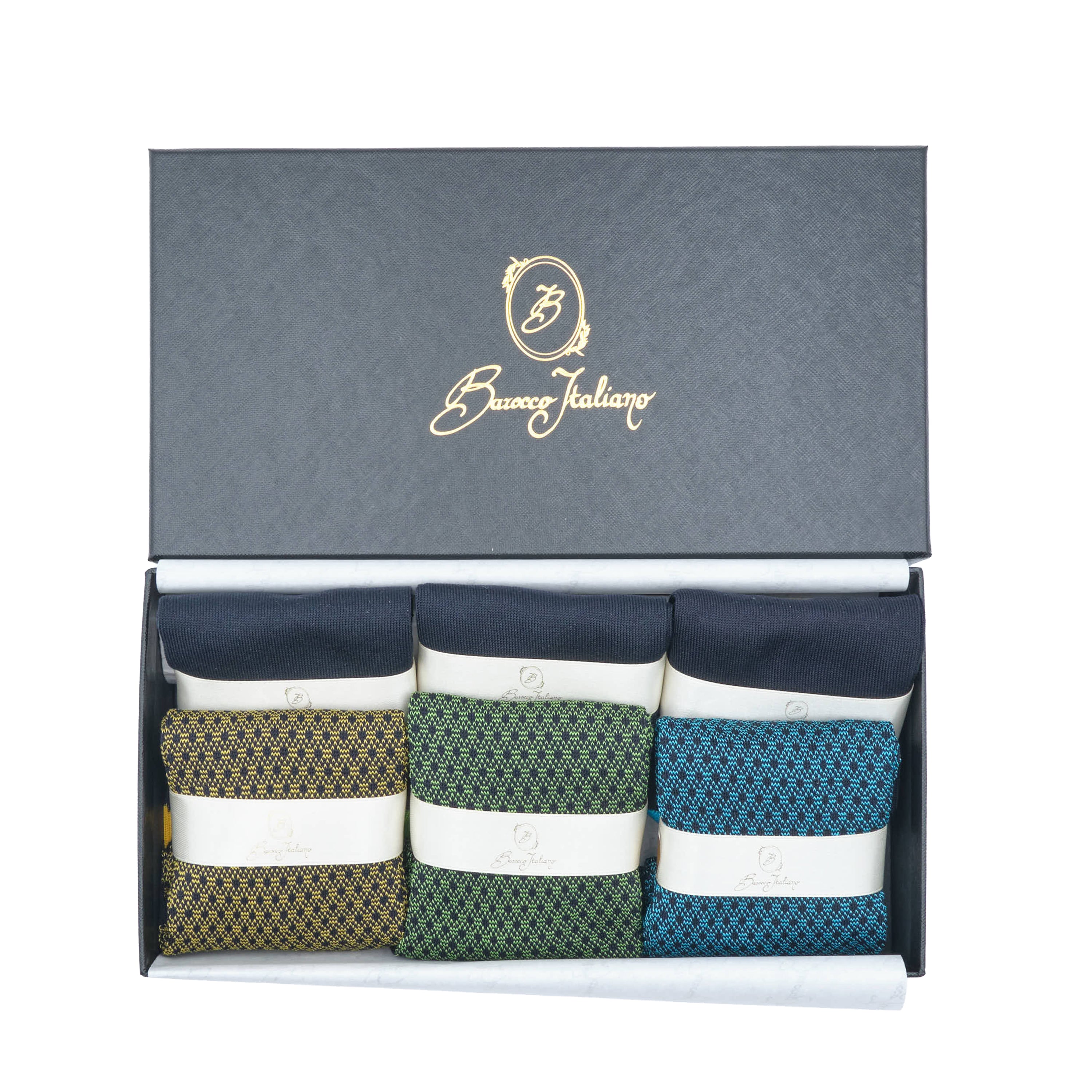 Box 6 paia miste calza lunga Filo di Scozia Principe di Galles con polsino inglese fondo blu - Giallo SOLE, Verde PRATO, Celeste SORGENTE e Tinta Unita Immagine principale del prodotto