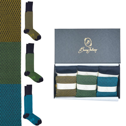 Box 6 paia miste calza lunga Filo di Scozia Principe di Galles con polsino inglese - Giallo SOLE, Verde PRATO, Celeste SORGENTE e Tinta Unita