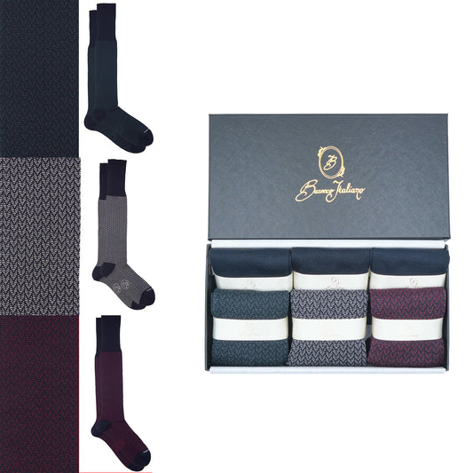 Box 6 paia miste calza lunga Filo di Scozia Spigato con polsino inglese - Verde scuro LARICE, Grigio CENERE, Rosso scuro BAROLO e Tinta Unita