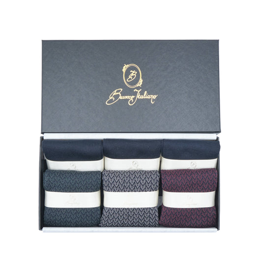 Box 6 paia miste calza lunga Filo di Scozia Spigato con polsino inglese - Verde scuro LARICE, Grigio CENERE, Rosso scuro BAROLO e Tinta Unita