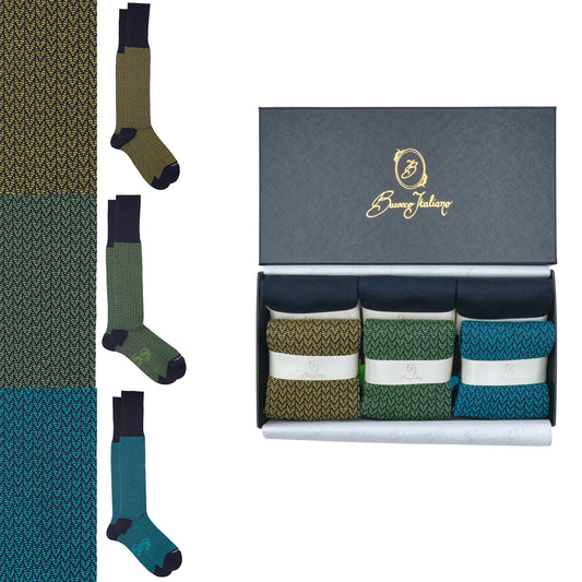 Box 6 paia miste calza lunga Filo di Scozia Spigato con polsino inglese - Giallo SOLE, Verde PRATO, Celeste SORGENTE e Tinta Unita