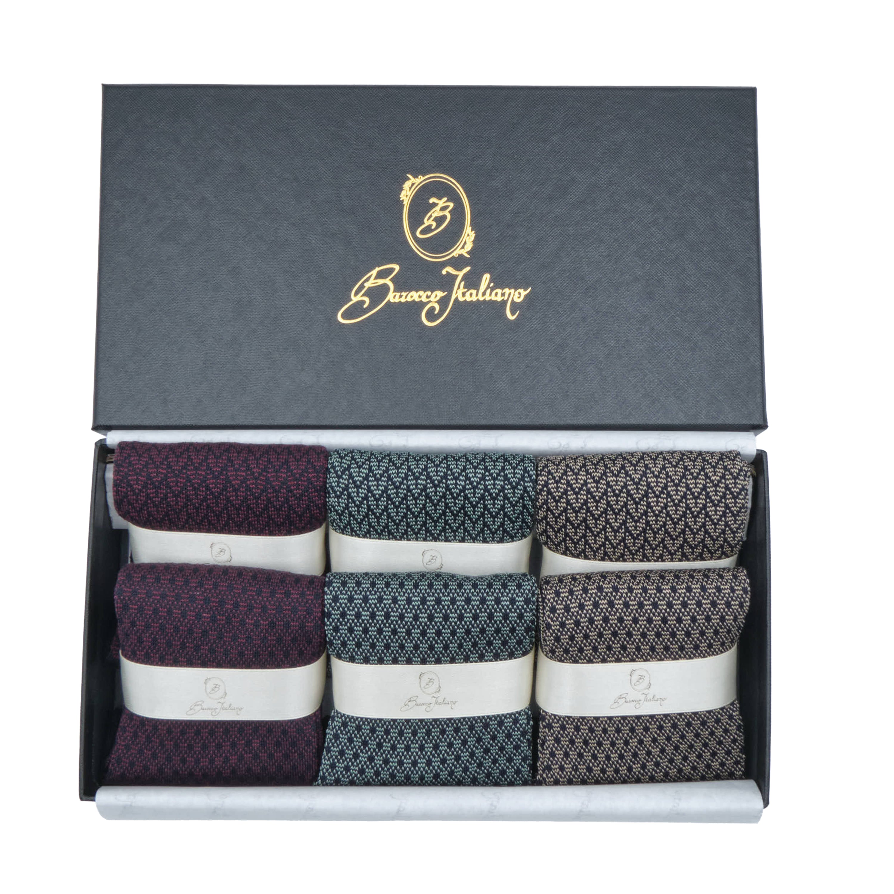 Box 6 paia colorate calza lunga Filo di Scozia Spigato e Principe di Galles con polsino inglese fondo blu - Rosso BAROLO Verde chiaro MENTA Beige DESERTO Immagine principale del prodotto