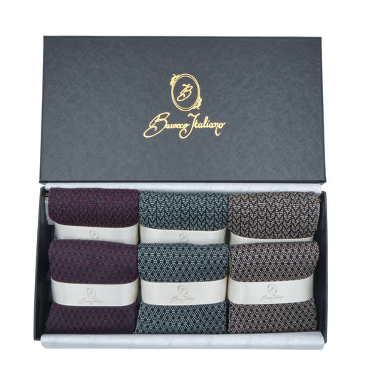 Box 6 paia colorate calza lunga Filo di Scozia Spigato e Principe di Galles con polsino inglese fondo blu - Rosso BAROLO Verde chiaro MENTA Giallo scuro DESERTO