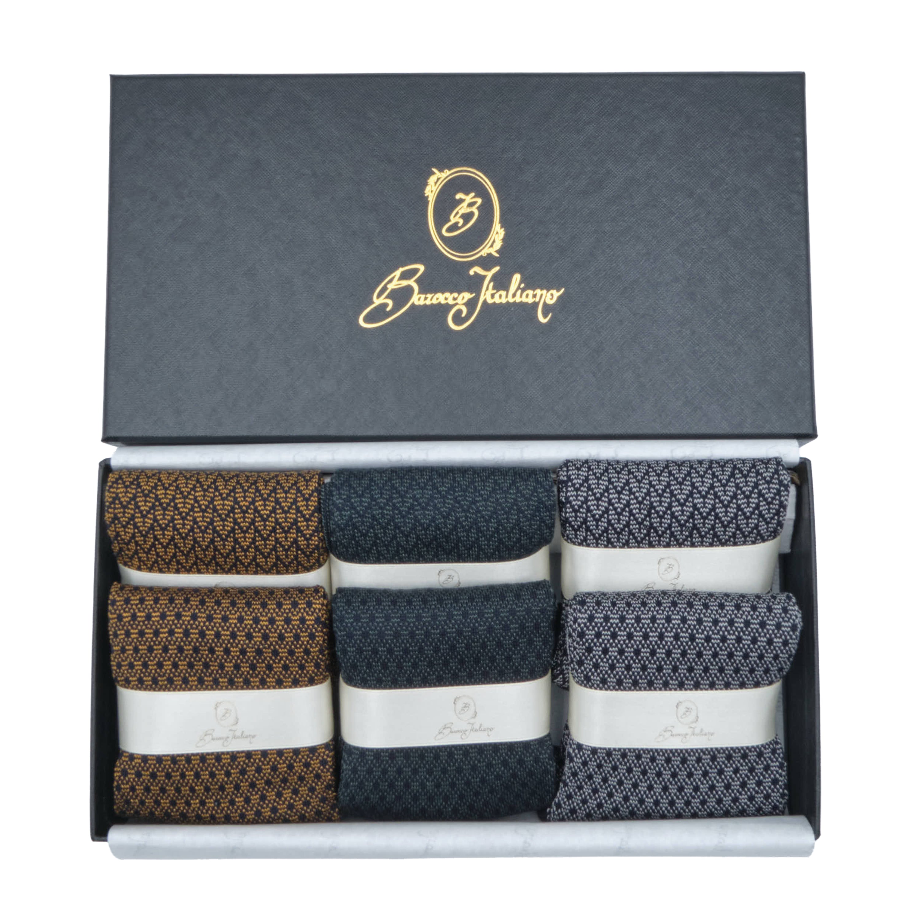 Box 6 paia colorate calza lunga Filo di Scozia Spigato e Principe di Galles con polsino inglese fondo blu - Marrone ROVERE Verde scuro LARICE Grigio CENERE Immagine principale del prodotto