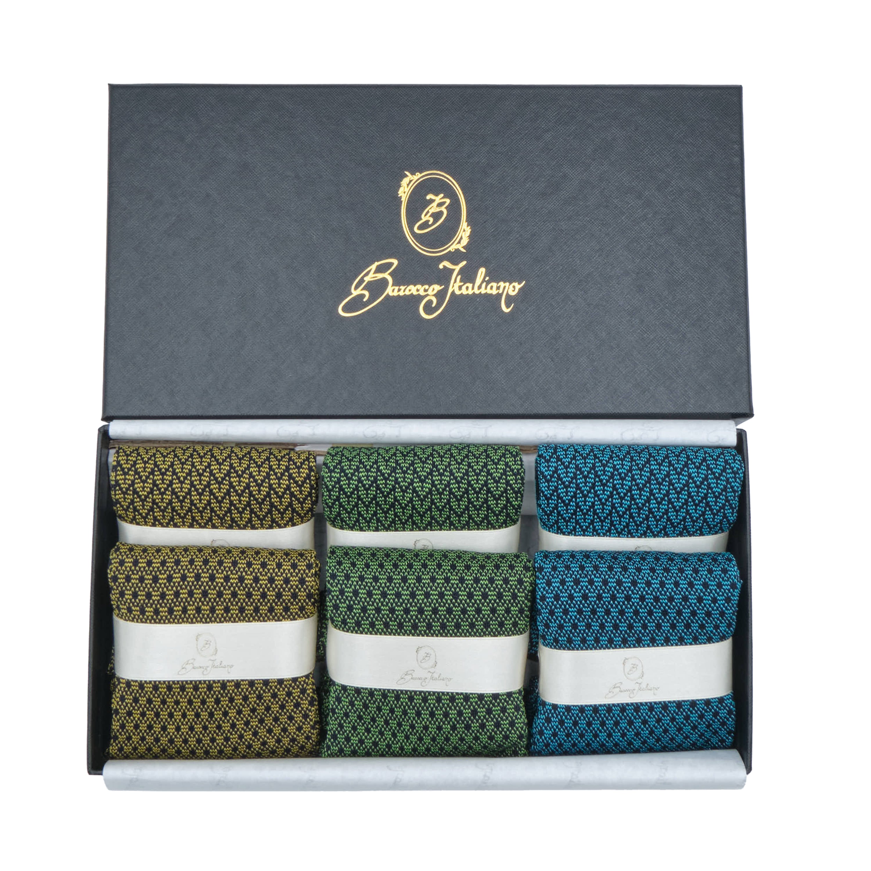 Box 6 paia colorate calza lunga Filo di Scozia Spigato e Principe di Galles con polsino inglese fondo blu - Giallo SOLE Verde PRATO Celeste SORGENTE Immagine principale del prodotto