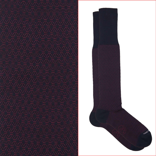 Calza lunga cotone Filo di Scozia con polsino inglese fondo blu Principe di Galles - ROSSO  BAROLO