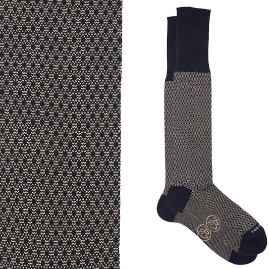 Calza lunga cotone Filo di Scozia con polsino inglese fondo blu Principe di Galles - GIALLO DESERTO