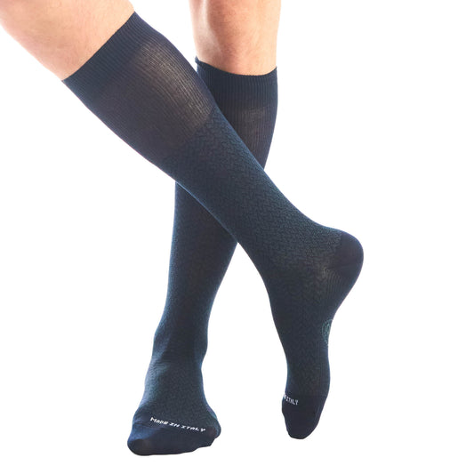 Calza lunga cotone Filo di Scozia con polsino inglese fondo blu Spigato - VERDE SCURO LARICE