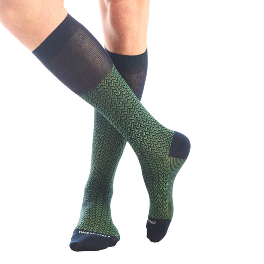 Calza lunga cotone Filo di Scozia con polsino inglese fondo blu Spigato - VERDE PRATO