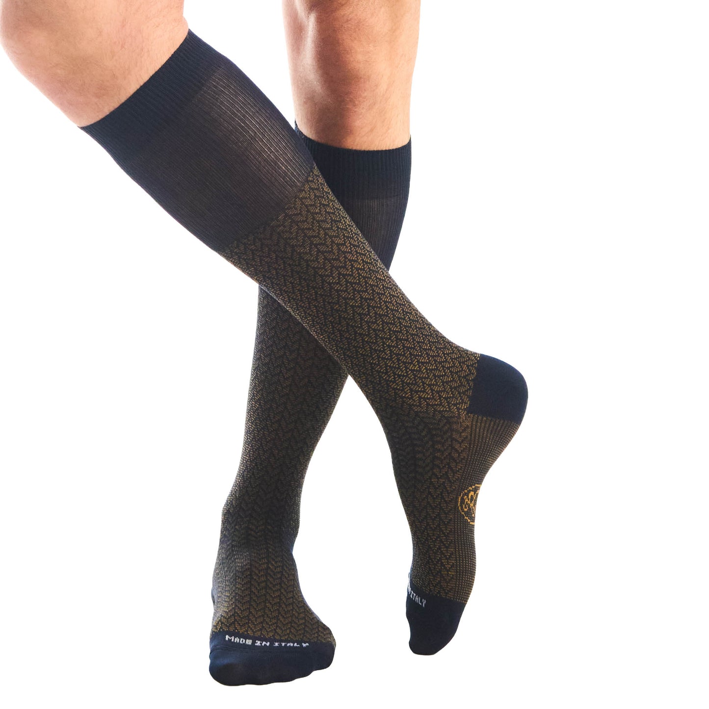 Calza lunga cotone Filo di Scozia con polsino inglese fondo blu Spigato - MARRONE ROVERE