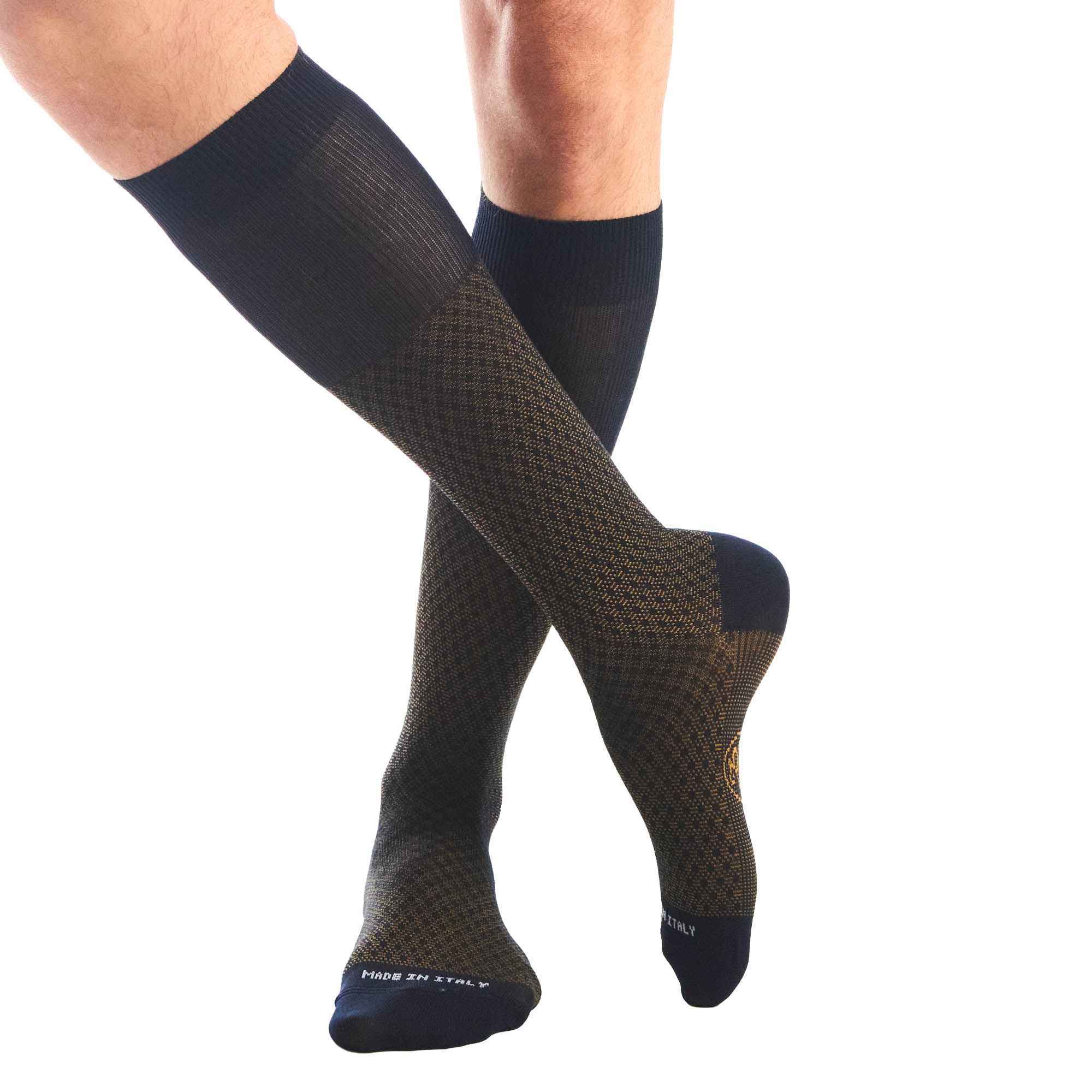 Calza lunga Jacquard Filo di Scozia con polsino inglese fondo blu Principe di Galles - MARRONE ROVERE Immagine secondaria del prodotto