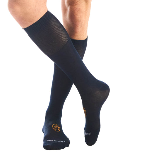 Calza lunga cotone Filo di Scozia con polsino inglese fondo blu Tinta Unita - MARRONE ROVERE