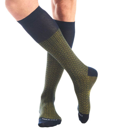 Calza lunga cotone Filo di Scozia con polsino inglese fondo blu Spigato - GIALLO SOLE