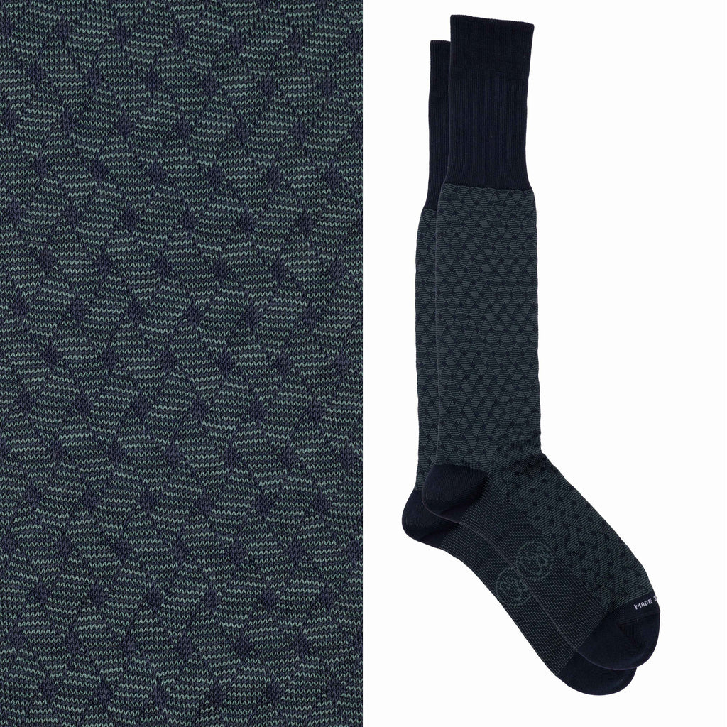 Calza lunga Jacquard Filo di Scozia con polsino inglese fondo blu Intreccio Veneziano - VERDE SCURO LARICE