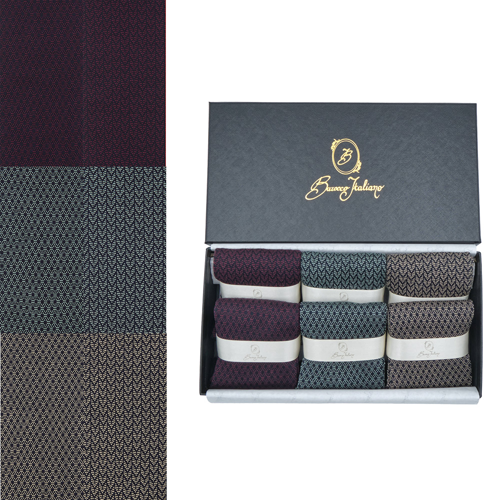 Box 6 paia colorate calza lunga Spigato e Principe di Galles cotone Makò con polsino inglese - Rosso BAROLO Verde chiaro MENTA Giallo scuro DESERTO