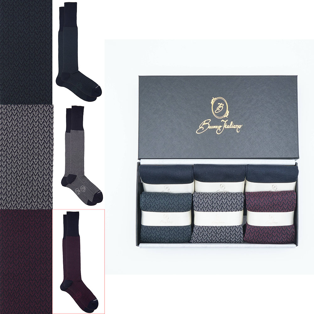 Box 6 paia miste calza lunga Spigato cotone Makò con polsino inglese - Verde scuro LARICE, Grigio CENERE, Rosso scuro BAROLO e Tinta Unita