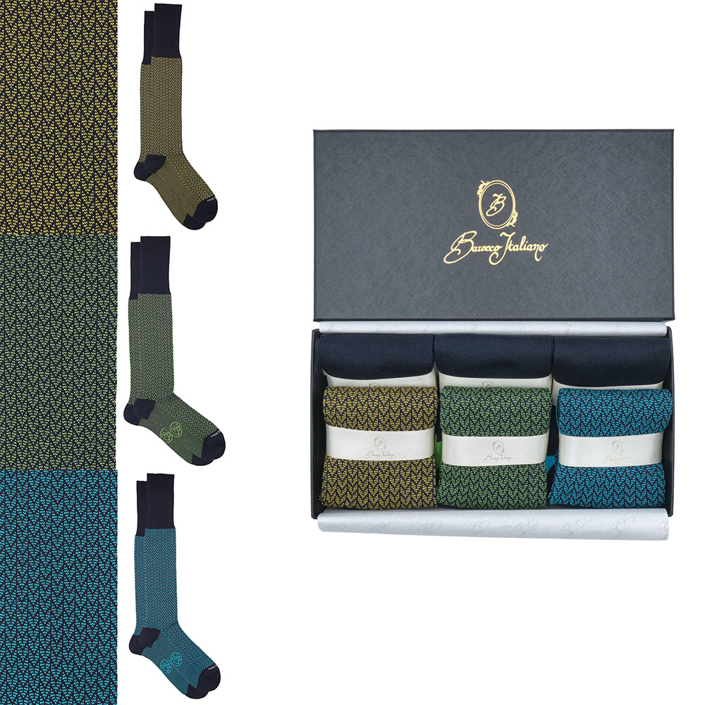 Box 6 paia miste calza lunga Spigato cotone Makò con polsino inglese - Giallo SOLE, Verde PRATO, Celeste SORGENTE e Tinta Unita