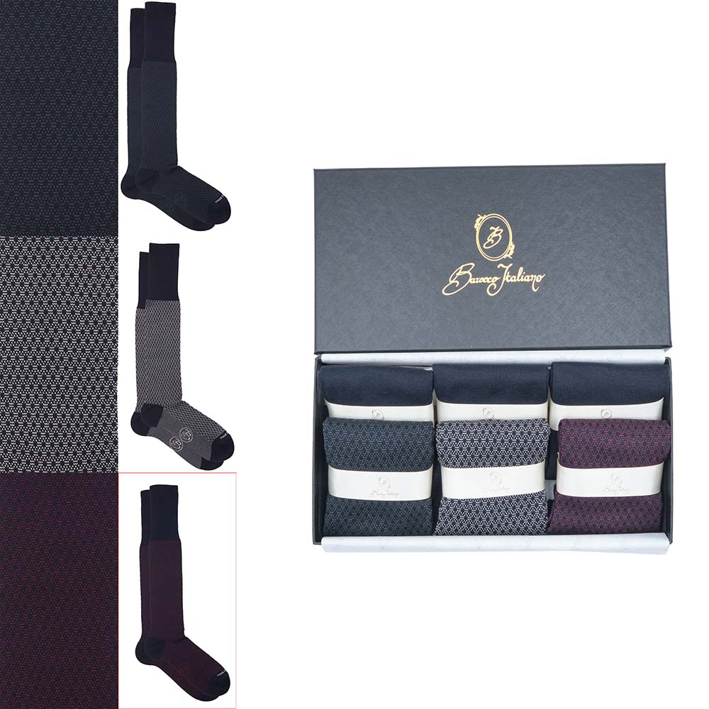 Box 6 paia miste calza lunga Principe di Galles cotone Makò con polsino inglese - Verde scuro LARICE, Grigio CENERE, Rosso scuro BAROLO e Tinta Unita