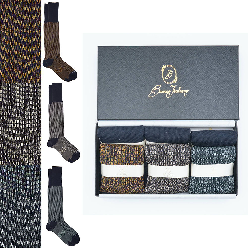 Box 6 paia miste calza lunga Principe di Galles cotone Makò con polsino inglese - Verde chiaro MENTA, Marrone ROVERE, Giallo DESERTO e Tinta Unita