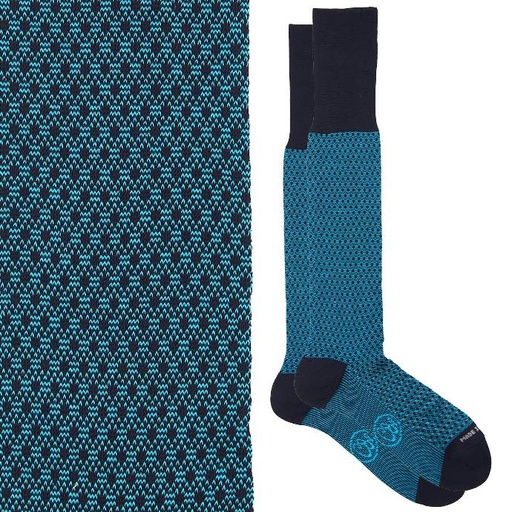 Calza lunga cotone Makò Mercerizzato con polsino inglese fondo blu Principe di Galles - CELESTE SORGENTE
