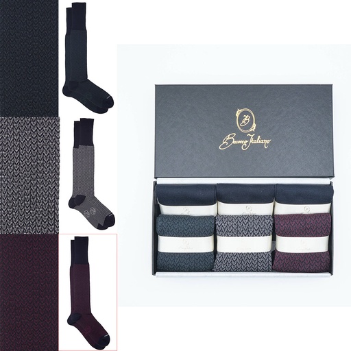 Box 6 paia miste calza lunga Spigato cotone Makò con polsino inglese - Verde scuro LARICE, Grigio CENERE, Rosso scuro BAROLO e Tinta Unita