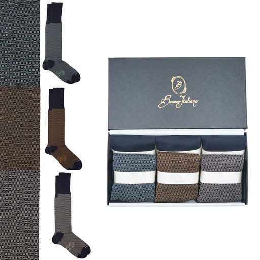 Box 6 paia miste calza lunga Principe di Galles cotone Makò con polsino inglese - Verde chiaro MENTA, Marrone ROVERE, Giallo DESERTO e Tinta Unita