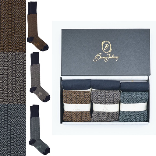 Box 6 paia miste calza lunga Principe di Galles cotone Makò con polsino inglese - Verde chiaro MENTA, Marrone ROVERE, Giallo DESERTO e Tinta Unita