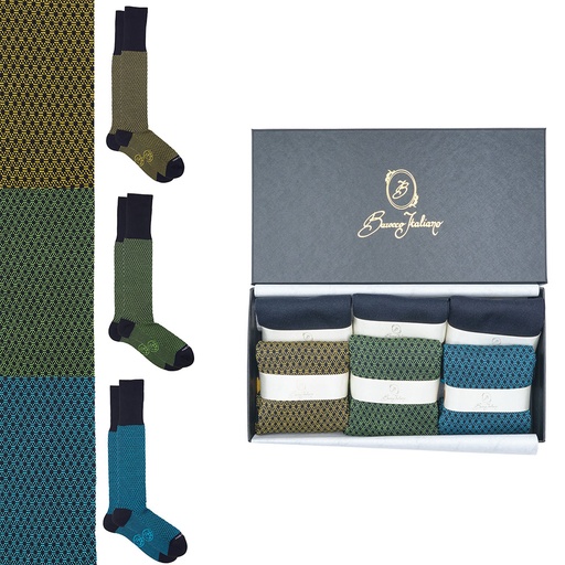 Box 6 paia miste calza lunga Principe di Galles cotone Makò con polsino inglese - Giallo SOLE, Verde PRATO, Celeste SORGENTE e Tinta Unita